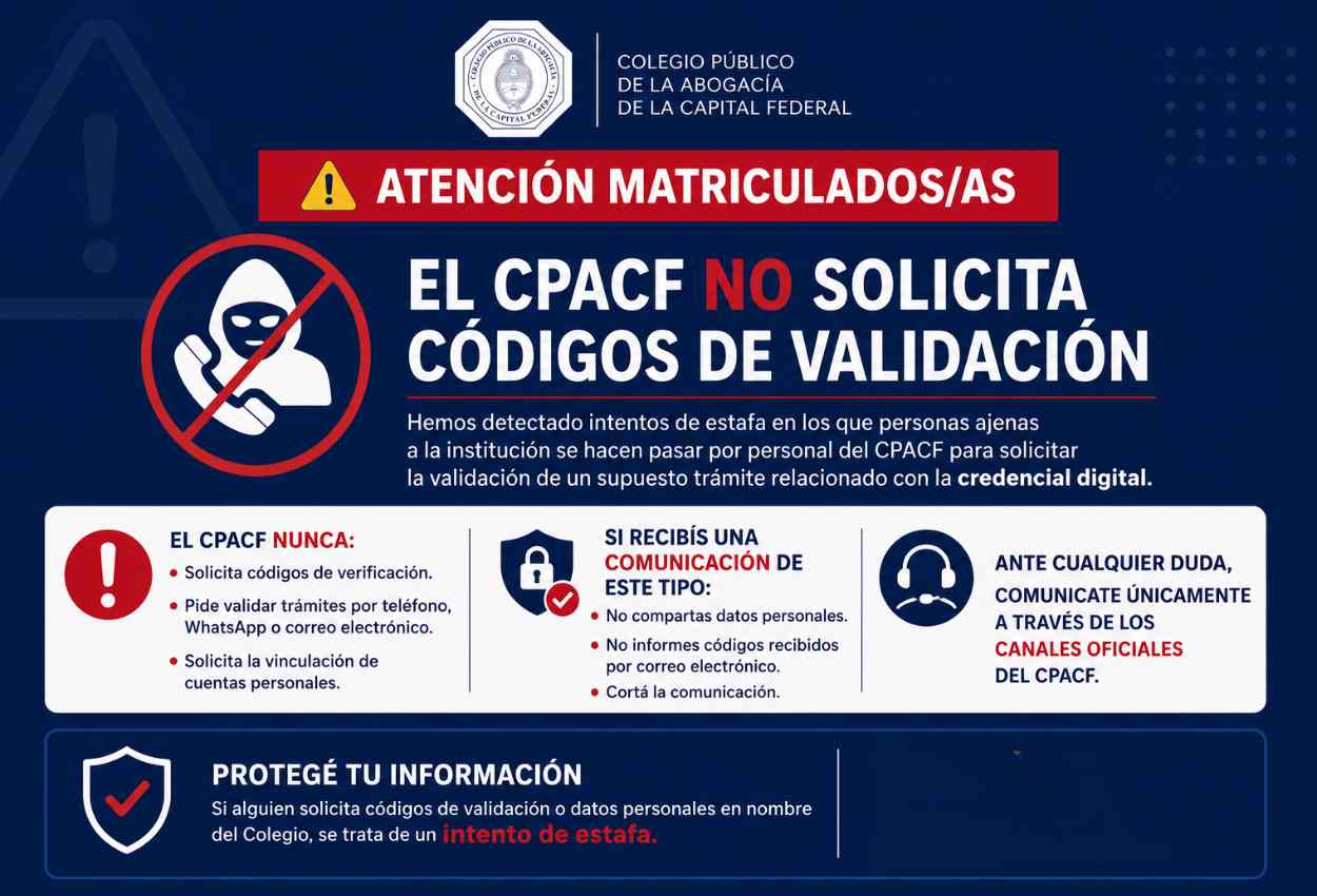 El CPACF recuerda: nunca solicitamos códigos de validación ni datos personales